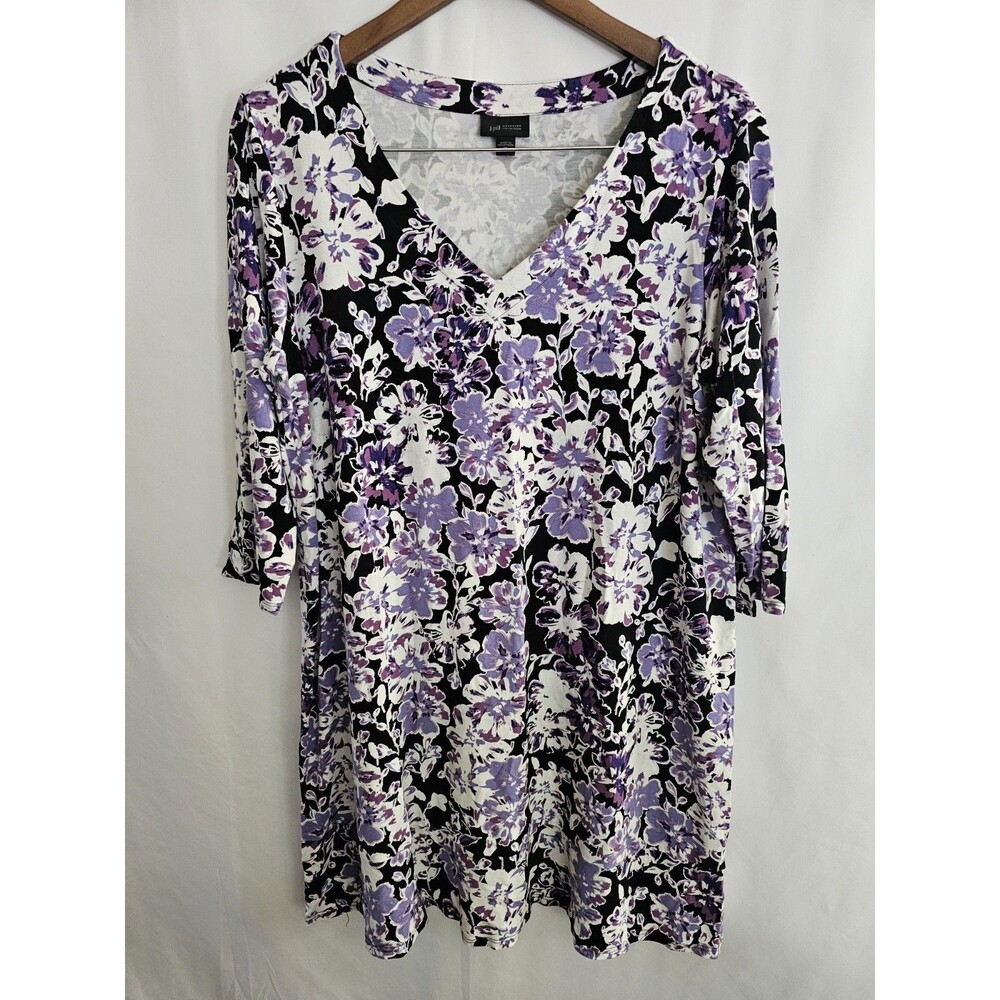 J.Jill Wearever Collection Women’s 1X Black Purple Floral VNeck 3/4 Sleeve Dress